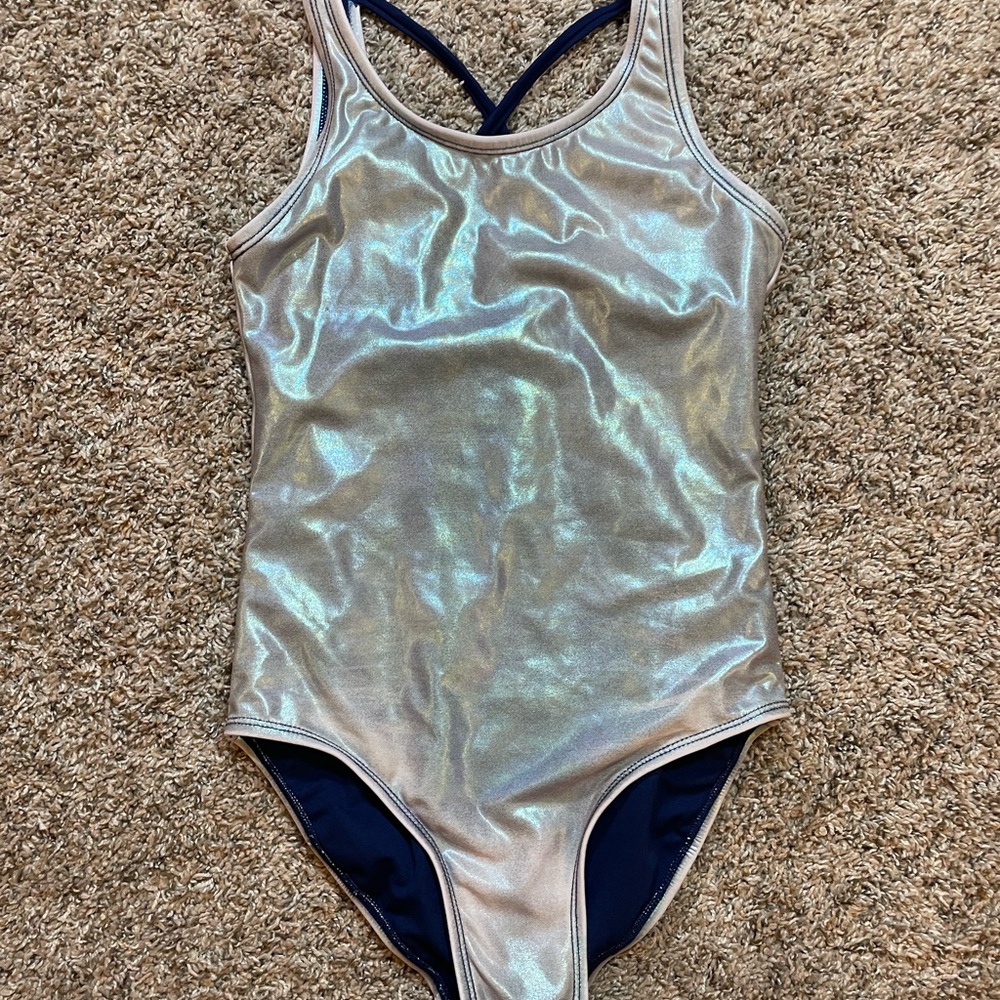 Justice Shimmering Silver Iridescent and Blue Swimsuit one piece Bathing Suit